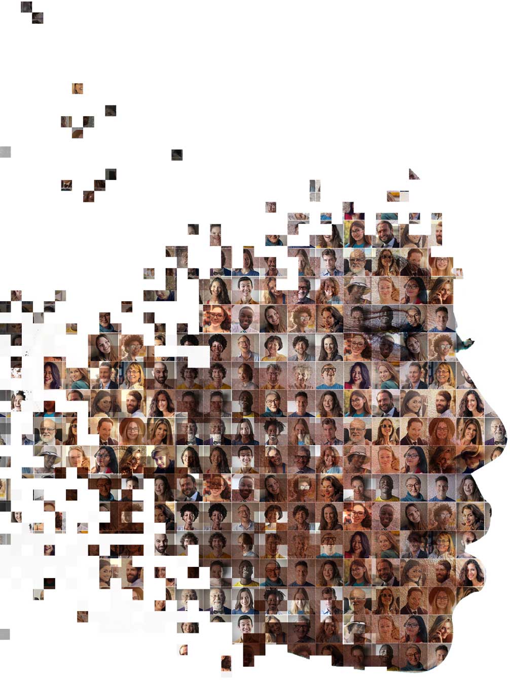 Contorno do perfil do rosto de uma mulher onde aparecem dentro do rosto dela dezenas de outros rostos de pessoas, simbolizando a diversidade humana.