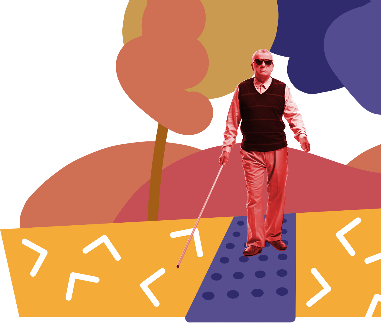 Homem cego caminhando em um parque com piso tátil em cenário construído de forma lúdica e cheio de cores.