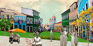 Colagem com fotografias e ilustrações de casas coloridas lado a lado compondo a praça de uma cidade, com pessoas transitando e conversando. Uma baiana com roupas típicas aparece à frente.