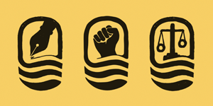 Imagem gráfica em que aparecem três símbolos na cor preta, num fundo ocre. 
O símbolo da esquerda é uma caneta bico de pena. O símbolo do meio é uma mão fechada, representando luta. O símbolo da direita é uma balança, representando a justiça.