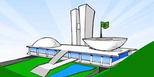 Imagem gráfica que mostra o prédio do Congresso Nacional com gramados verdes, um espelho de água azul, e uma bandeira do Brasil tremulando atrás da cúpula maior voltada para cima. O fundo da foto é um degradê de tons de azul.