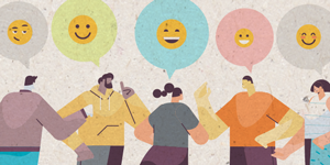 Imagem gráfica com 5 pessoas (3 homens e 2 mulheres) ocupando toda a metade inferior. As pessoas estão conversando entre si e acima delas pairam balões de fala com emojis. O fundo é um bege mesclado.
