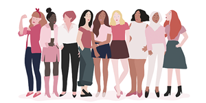 Imagem gráfica que mostra um grupo de 9 mulheres de corpo inteiro posicionadas lado a lado. As roupas delas têm tons de rosa, verde e marrom. As mulheres representam a diversidade, algumas são brancas, outras negras e uma é muçulmana, pois está de véu na cabeça. A mulher do canto esquerdo faz um sinal de força  com o braço. O fundo da imagem é branco. 